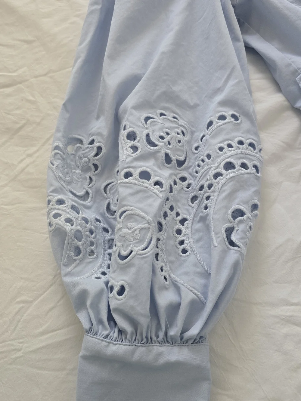 Light Blue Embroidered Balloon Sleeve Blouse